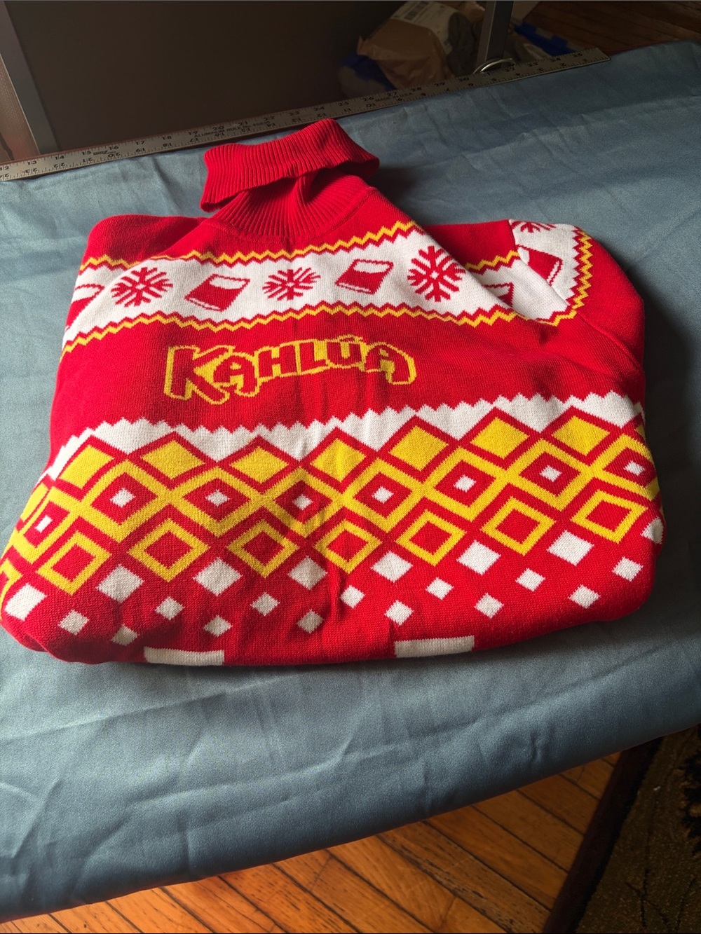 Kahlua Ugly Christmas Sweater Turtleneck Red Yellow Festive Knit [L)